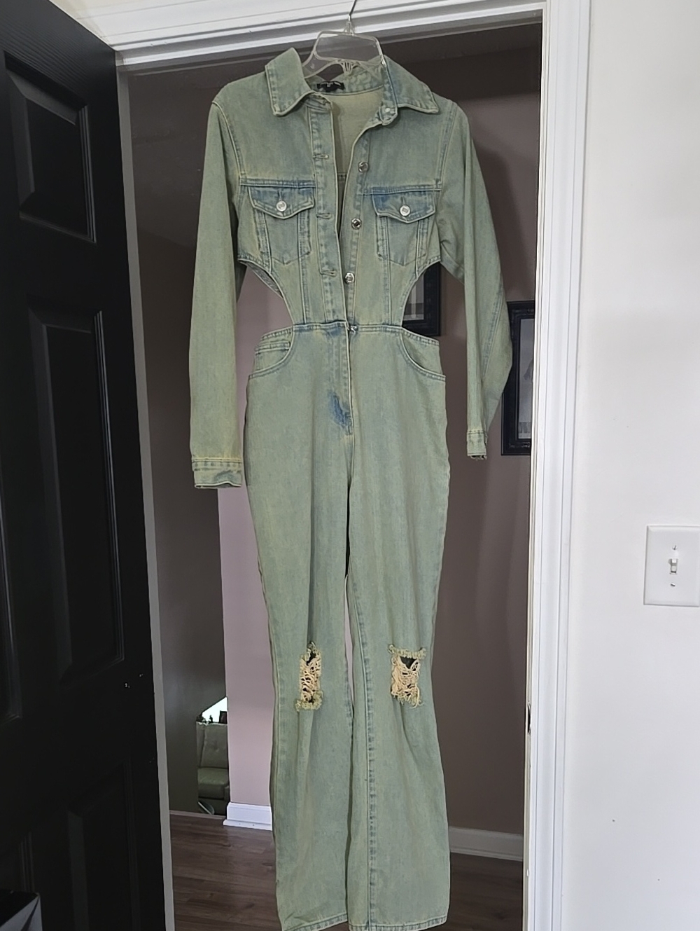 PrettyLittleThing Sage Green Cutout Denim Jumpsuit